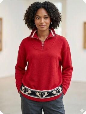 Bogner vntg oversizeQuarter-Zip Red Knit Pullover with Accent Hem. 100% wool.